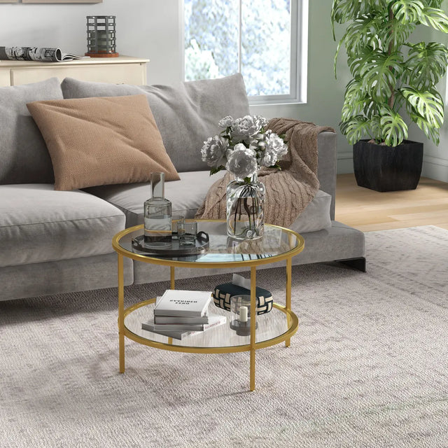HOMCOM Round Coffee Table with Storage, 2-Tier Tempered Glass Coffee Table with Steel Frame for Living Room, Gold Tone