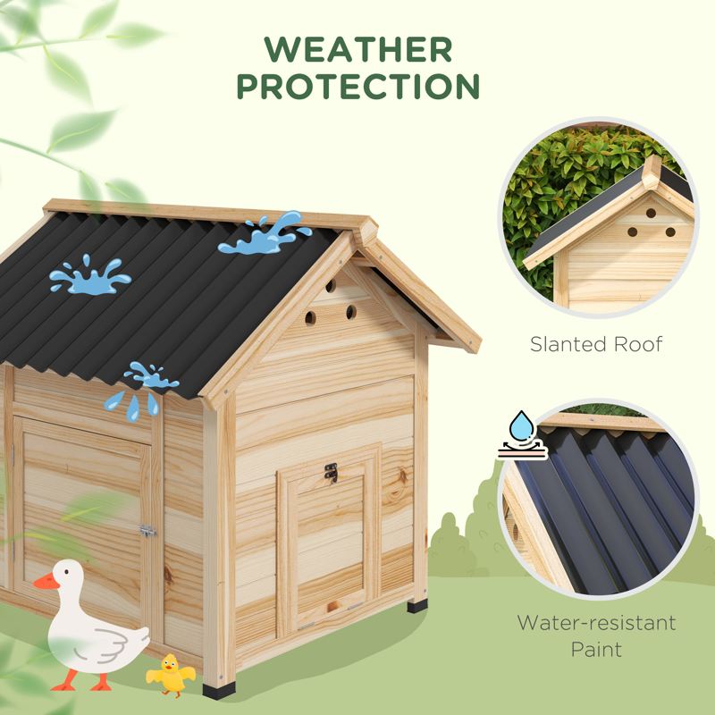 PawHut Wooden Duck House with Double Doors, Openable Roof, Ventilation Holes, Removable Base, Natural Wood Finish