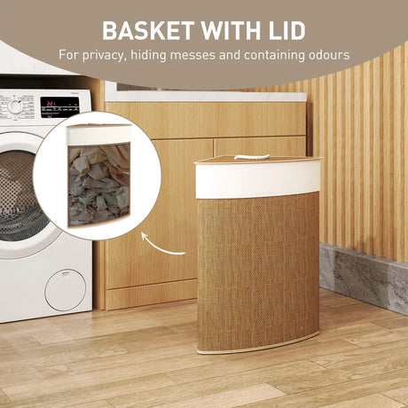 HOMCOM Bamboo Laundry Basket with Lid, 55L Corner Laundry Hamper with Removable Washable Liner Bag, Bathroom Triangle Washing Basket, 35 x 35 x 60 cm, Brown