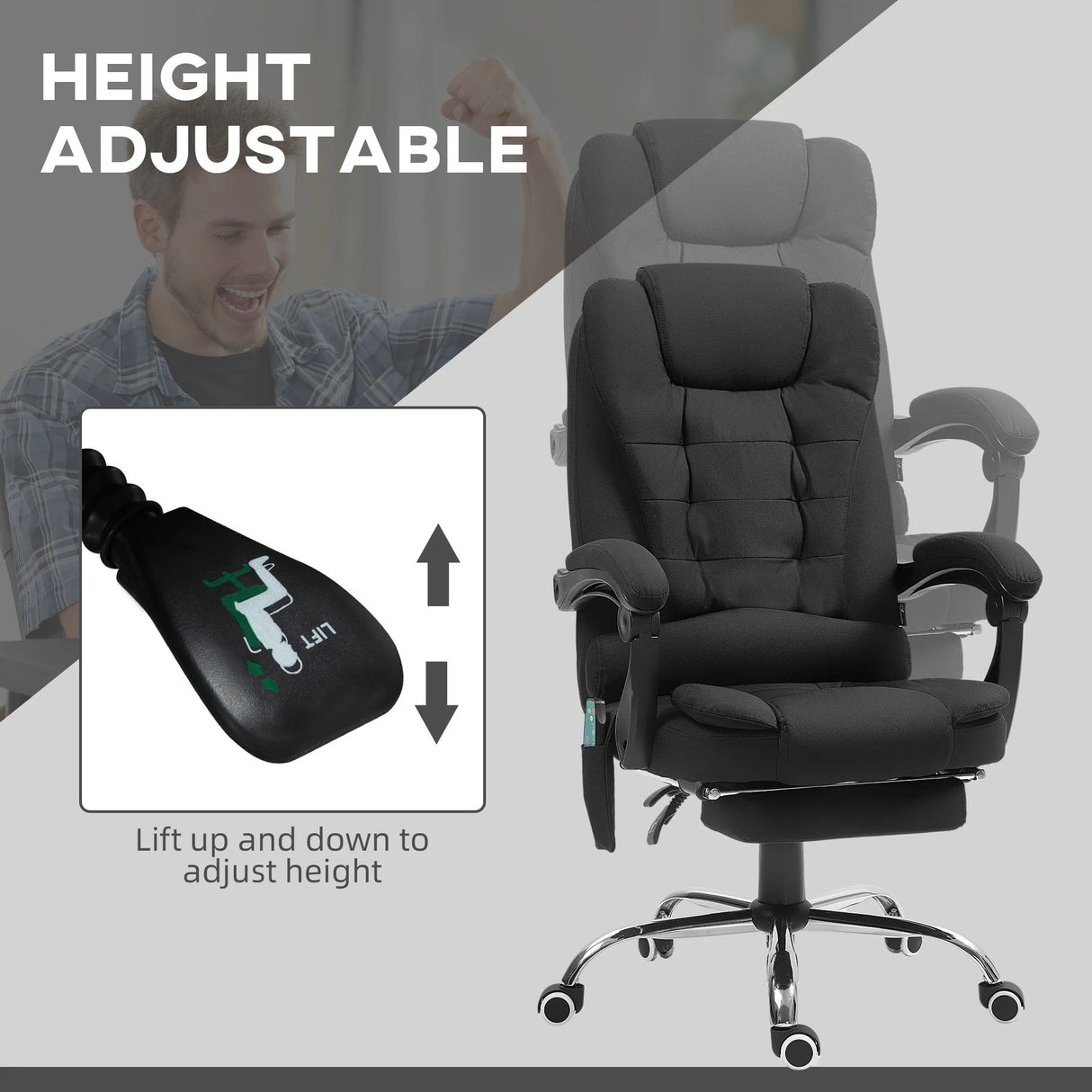 Vinsetto Office Chair with 6 Point Massage and Back Heat, Microfibre Desk Chair with Footrest Adjustable Height and Swivel Wheels, Back Reclining, Full Black