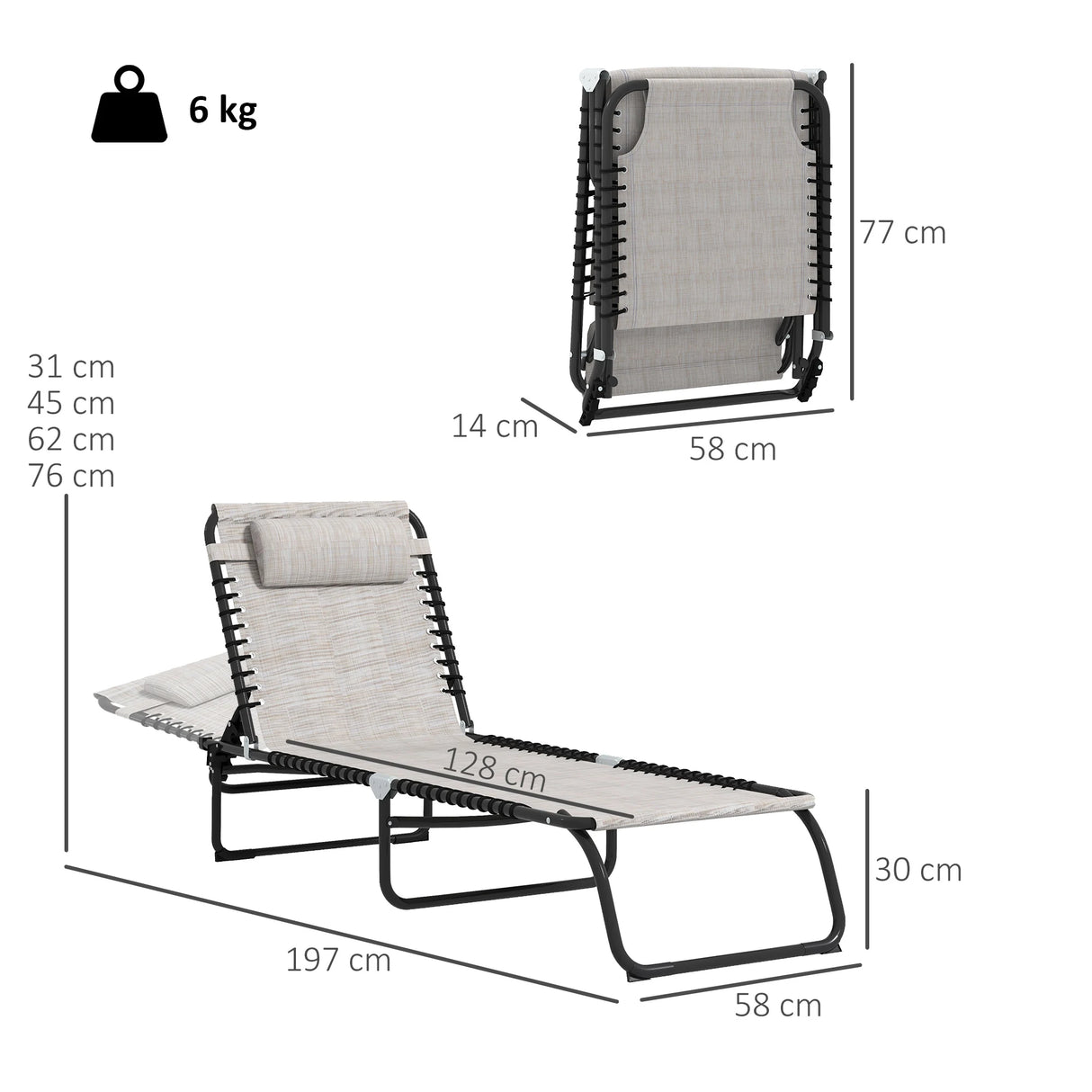 Outsunny Foldable Sun Lounger, Outdoor 4 Level Adjustable Backrest Reclining Chaise Chair, Steel Frame Recliner Chair for Camping, Hiking, Cream White