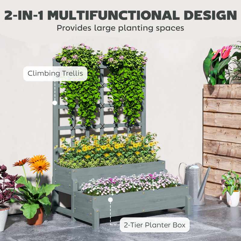 Outsunny 2-Tier Raised Garden Bed with Trellis, Wooden Elevated Planter Box with Drainage Holes, Outdoor Raised Planter for Climbing Plants, Fruits, Vegetables, Flowers, Grey