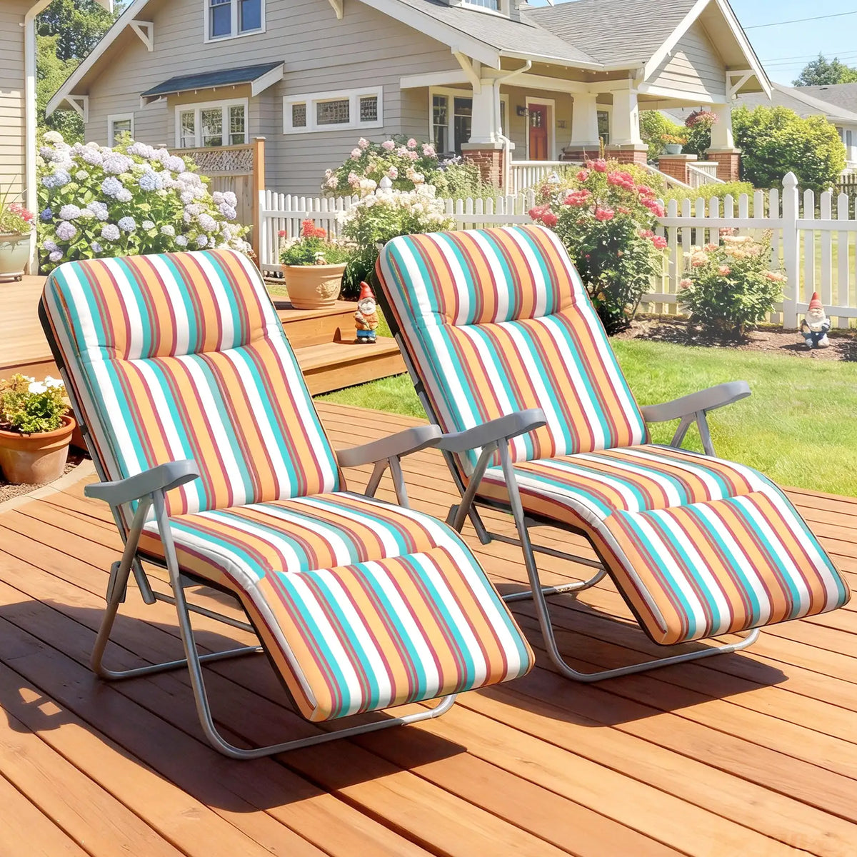 Outsunny Set of 2 Foldable Patio Sun Lounger with Adjustable Backrest and Cushion, Multicoloured