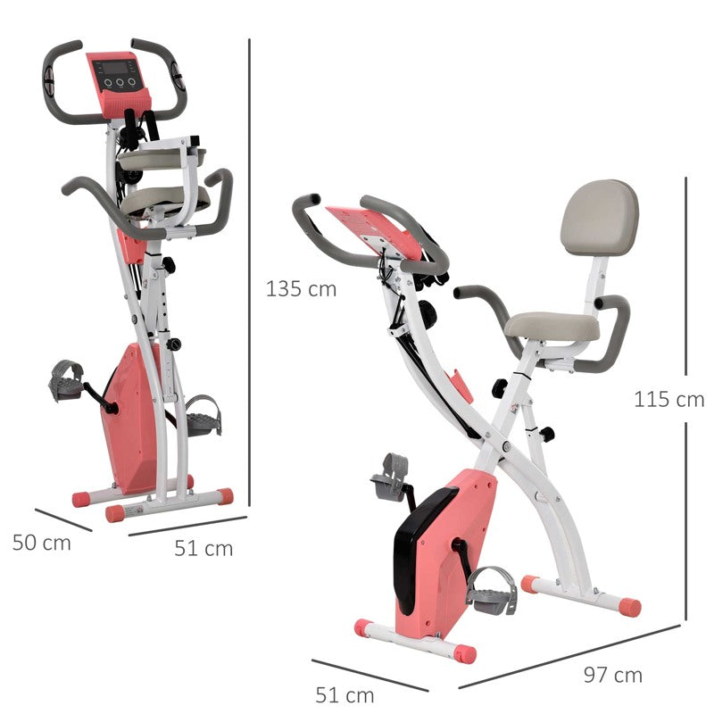 HOMCOM 2-in-1 Folding Exercise Bike with 8-Level Magnetic Resistance, Arm Resistance Band, Pulse Sensor, Pink