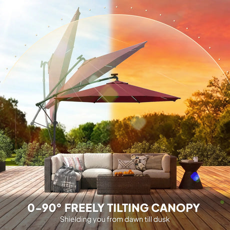 Outsunny 3 m Garden Cantilever Parasol with LED Solar Light, Round Overhanging Umbrella with 360 Rotation, Cover, Wine Red