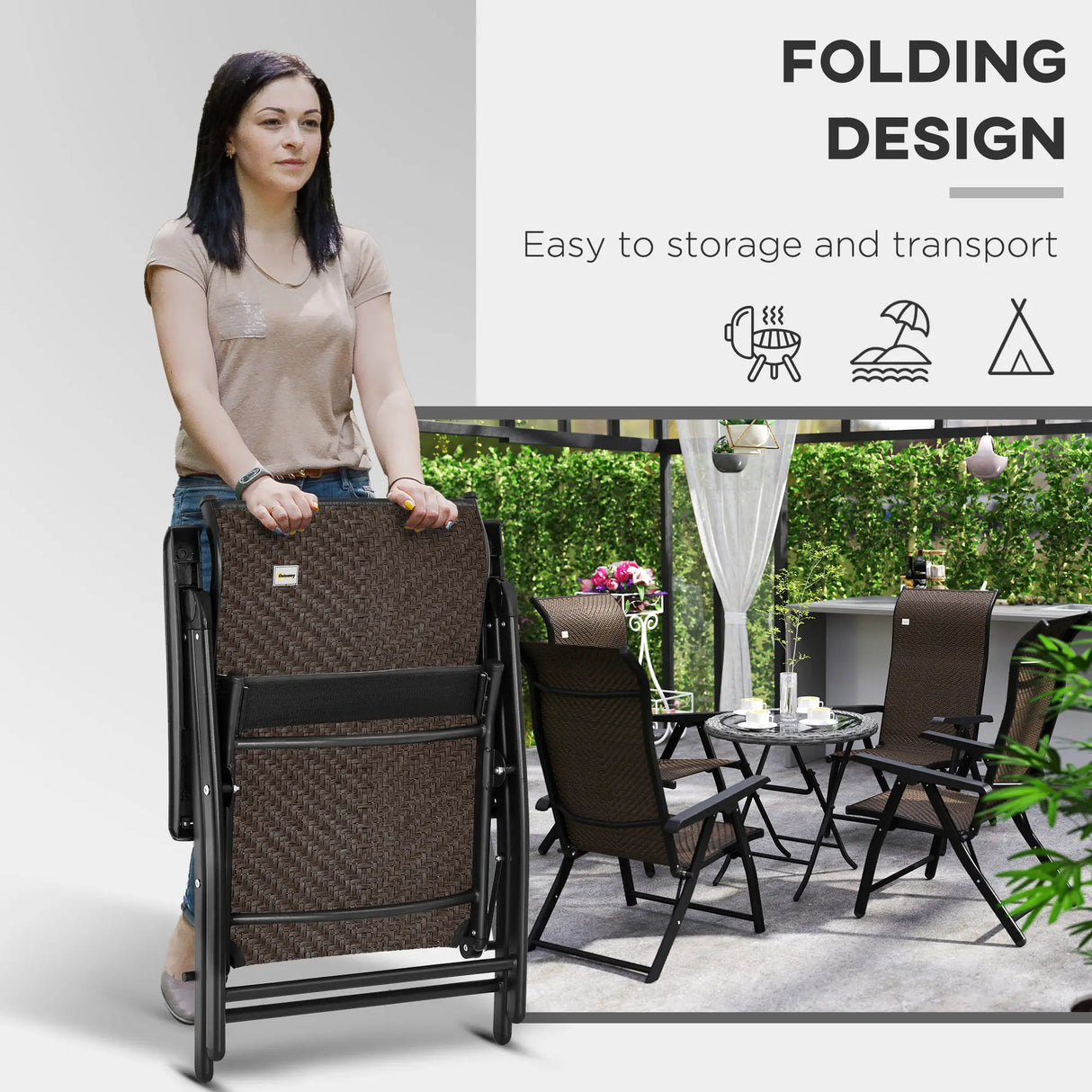 Outsunny Set of Four Folding Garden Chairs, with Seven-Position Adjustable Backs, Dark Brown