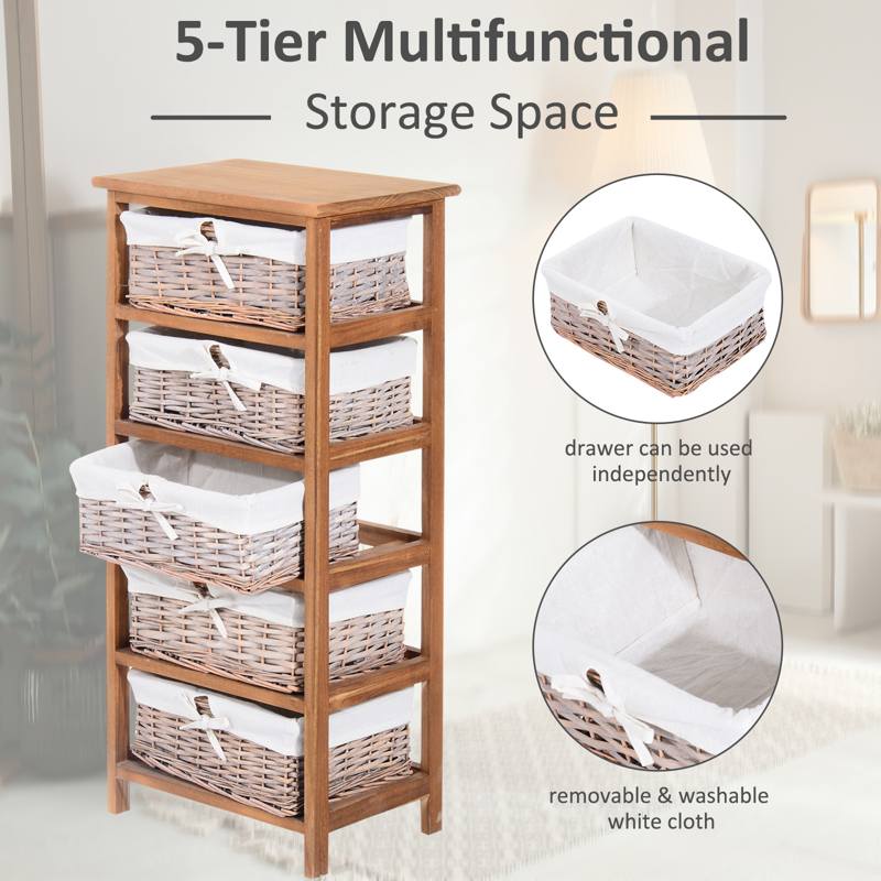 HOMCOM 5 Drawer Dresser Wicker Basket Storage Shelf Unit Wooden Frame Home Organisation Cabinet Bedroom Office Furniture Natural Finish