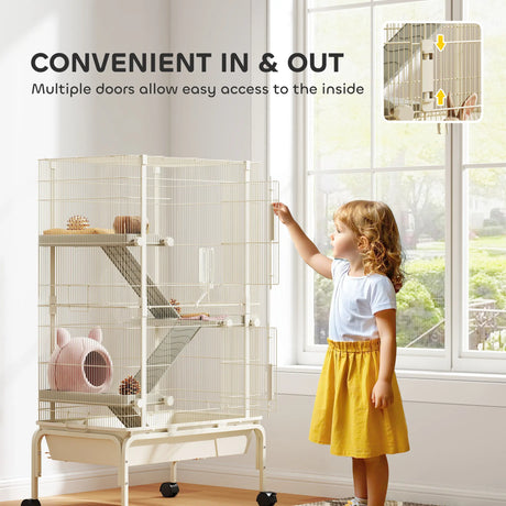 PawHut 4-Level Rolling Small Animal Cage, Rabbit Cage with 3 Ramps, Water Bottle, Food Dish, 15cm Deep Tray, Beige