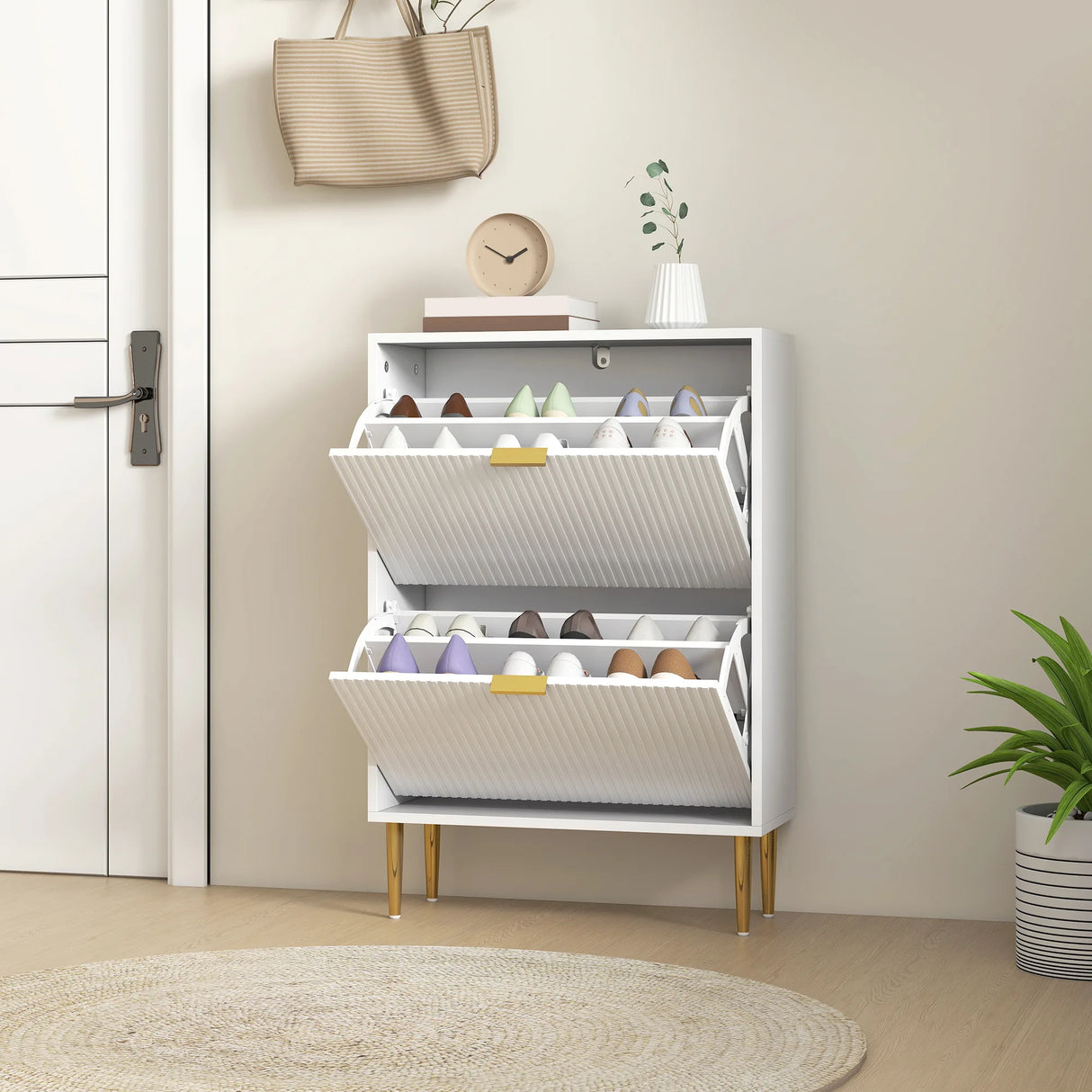 HOMCOM Narrow Shoe Cabinet with 2 Flip Drawers - White