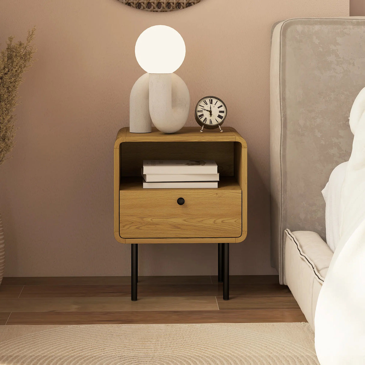 HOMCOM Bedside Table with Drawer and Open Shelf - Oak