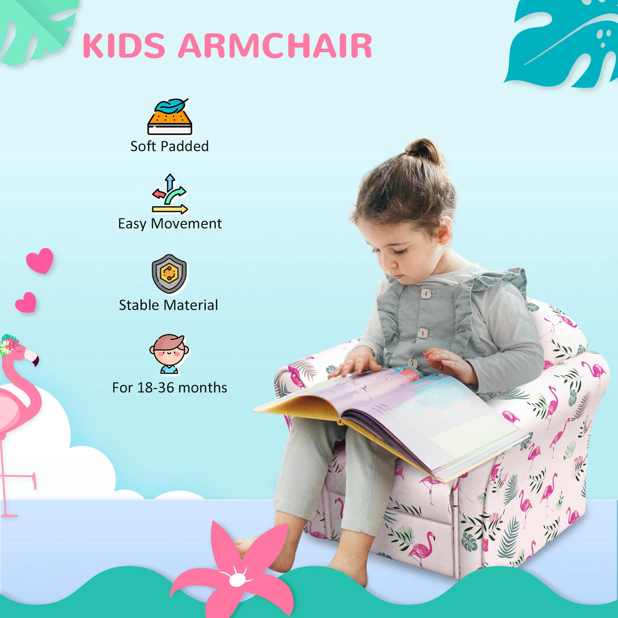 AIYAPLAY Kids Armchair with Flamingo Design, Wooden Frame, for Bedroom, Playroom, Kids Room - Pink