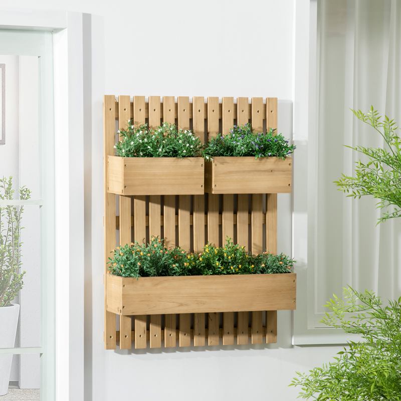 Outsunny Wall-mounted Wooden Garden Planters with Trellis, Drainage Holes and 3 Planter Boxes for Patio, Natural