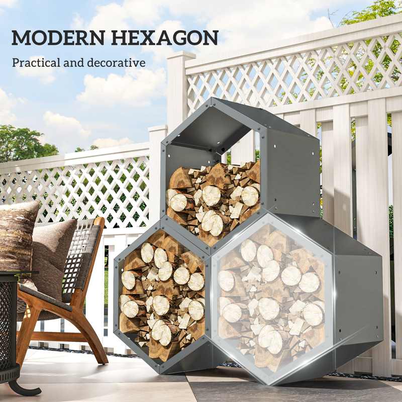 Outsunny Three-Shelf Hexagon Metal Firewood Rack - Grey