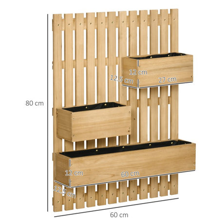 Outsunny Wall-mounted Wooden Garden Planters with Trellis, Drainage Holes and 3 Planter Boxes for Patio, Natural