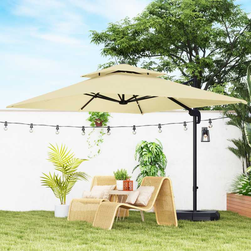Outsunny 2.7 x 2.7(m) Cantilever Parasol with Aluminium Frame, Crank and Tilt, 360° Rotation, Double Top Garden Umbrella with Base and Cover, Khaki