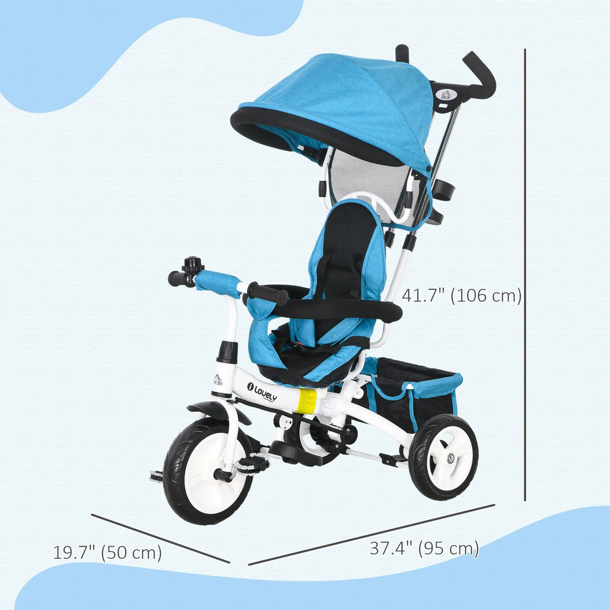HOMCOM 6 in 1 Kids Trike Push Bike w/ Push Handle, Canopy, 5-point Seat Belt, Storage, Footrest, Brake, for 1-5 Years, Blue