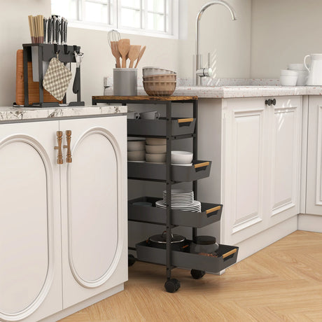 HOMCOM 5-Tier Storage Trolley on Wheels - Black