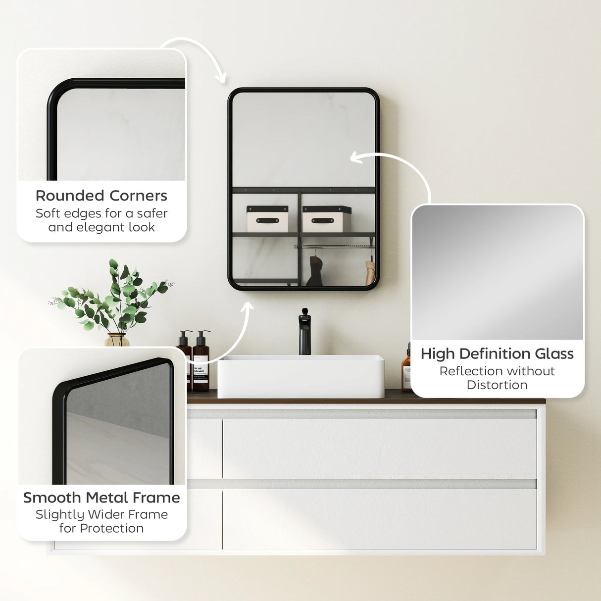 HOMCOM Rectangular Wall Mirror with HD Glass - Black