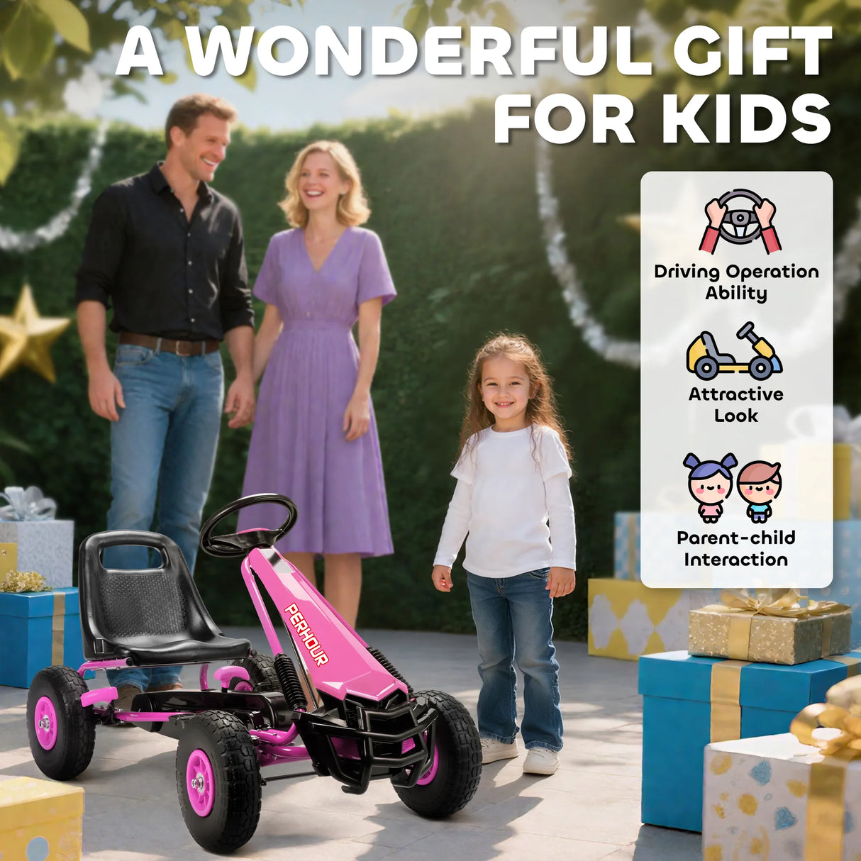 AIYAPLAY Kids Pedal Go Kart with Adjustable Seat, EVA Tyres, Manual Clutch, Brake, Go Kart for Kids 3-8 Years, Pink