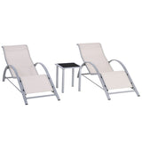 Outsunny 3 Pieces Lounge Chair Set Metal Frame Garden Outdoor Recliner Sunbathing Chair with Table, Cream