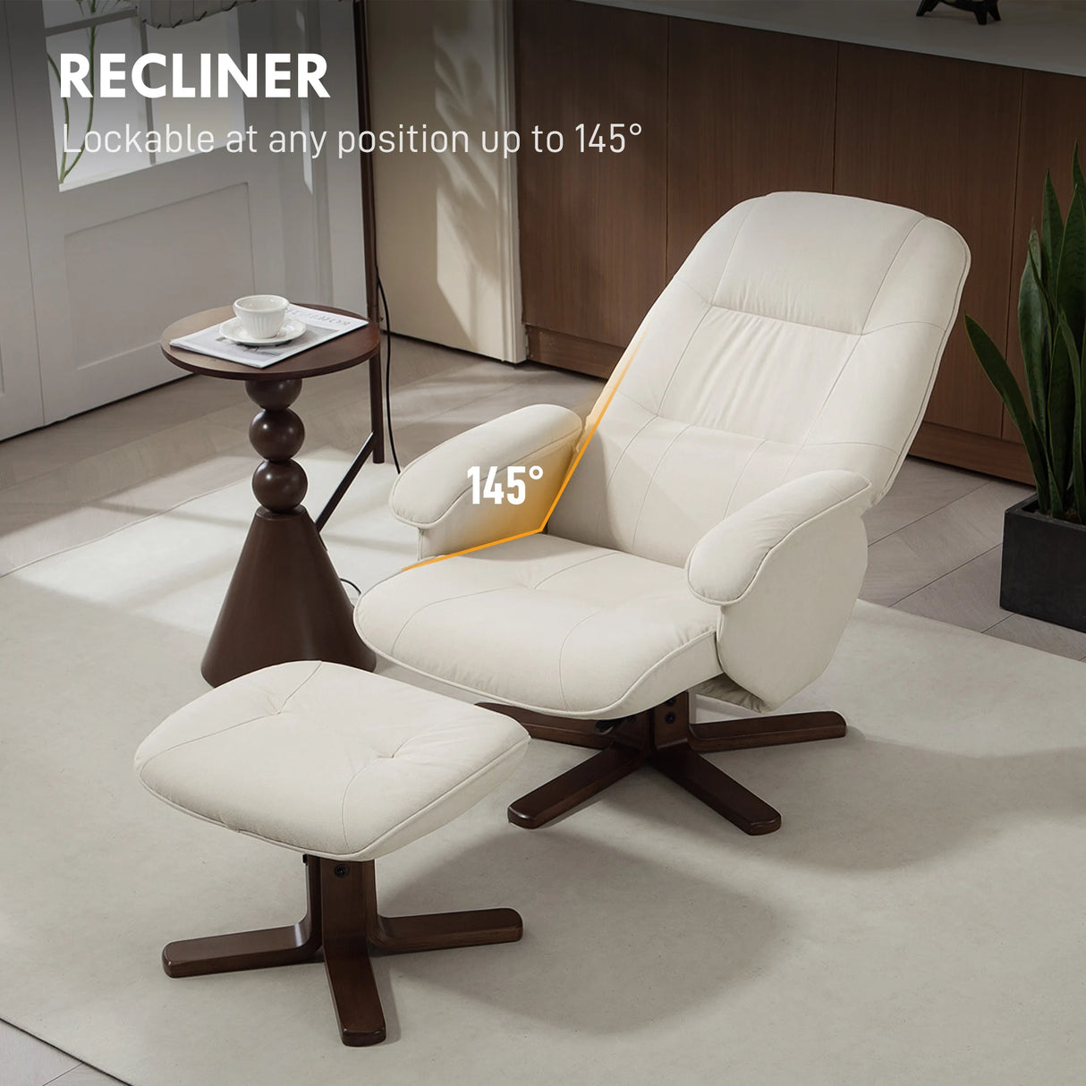 HOMCOM Linen Swivel Recliner Chair with Footstool, Upholstered Reclining Armchair with Wooden Base for Living Room, Beige