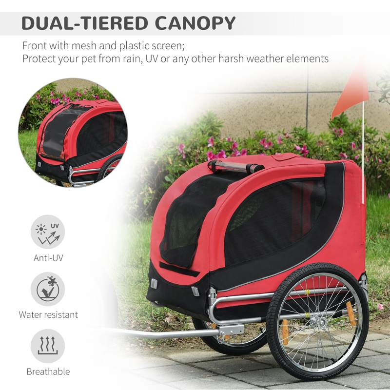 PawHut Steel Dog Bike Trailer Pet Cart Carrier for Bicycle Kit Water Resistant with Hitch Coupler Travel Black and Red