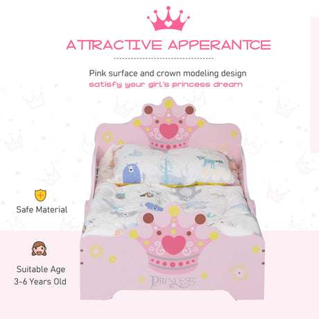 HOMCOM Kids Toddler Bed Princess Crown Theme Safety Side Rails Slats Home Bedroom Furniture Boys Girls 3-6 Yrs Pink 143 x 73 x 60 cm