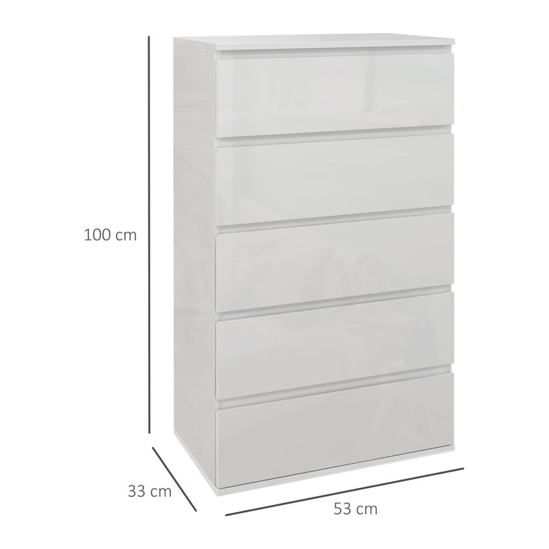 HOMCOM 5-Drawer Modern Dresser, High Gloss Storage Drawer Unit for Bedroom, White