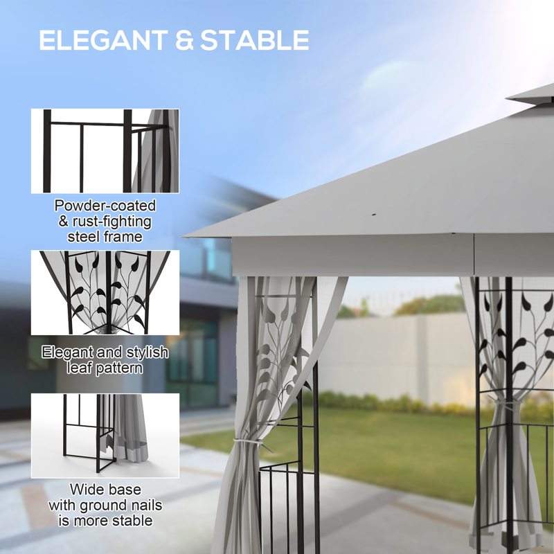 Outsunny 3(m) x 3(m)  Double Roof Outdoor Garden Gazebo Canopy Shelter with Netting, Solid Steel Frame, Light Grey