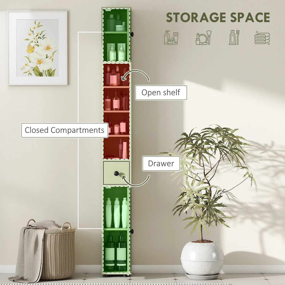 kleankin 180cm Slim Bathroom Cabinet, with Drawer, Shelves and Cupboards - Green