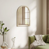 HOMCOM Arched Wall Mirror with Grooved Edge & Hooks, Wall-Mounted Mirror, Modern Tempered Glass & Polystyrene Beige