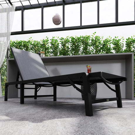 Outsunny Folding Sun Lounger Set of 2, 5-Position Adjustable Reclining Garden Loungers, Garden Chaise Lounge Sunbed Recliner Chairs with Steel Frame for Beach, Porch, Patio, Camping, Light Grey