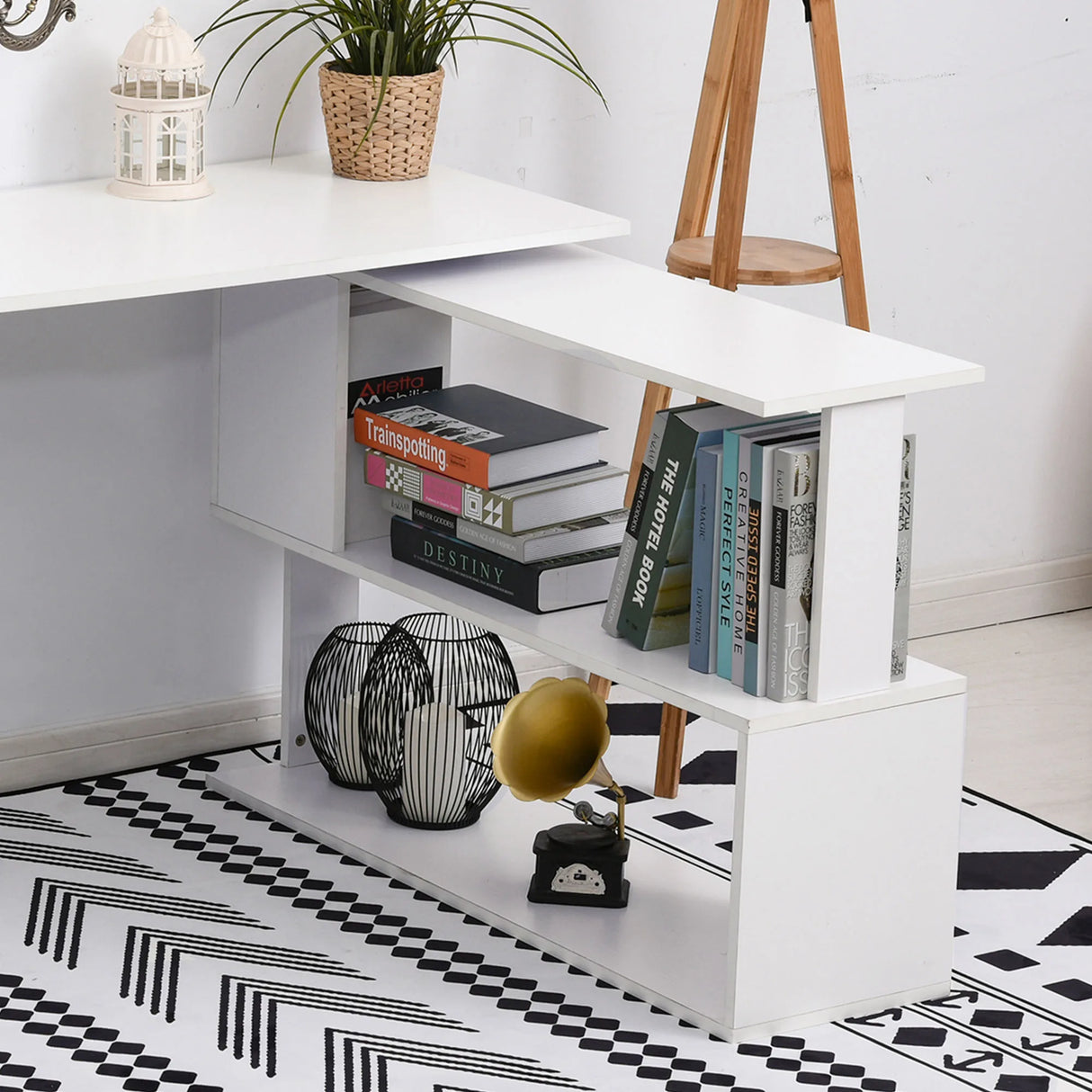 HOMCOM Corner Computer Desk, L Shaped Desk with 360 Rotating Bookshelf, 120L x 110W x 74.5H cm, White