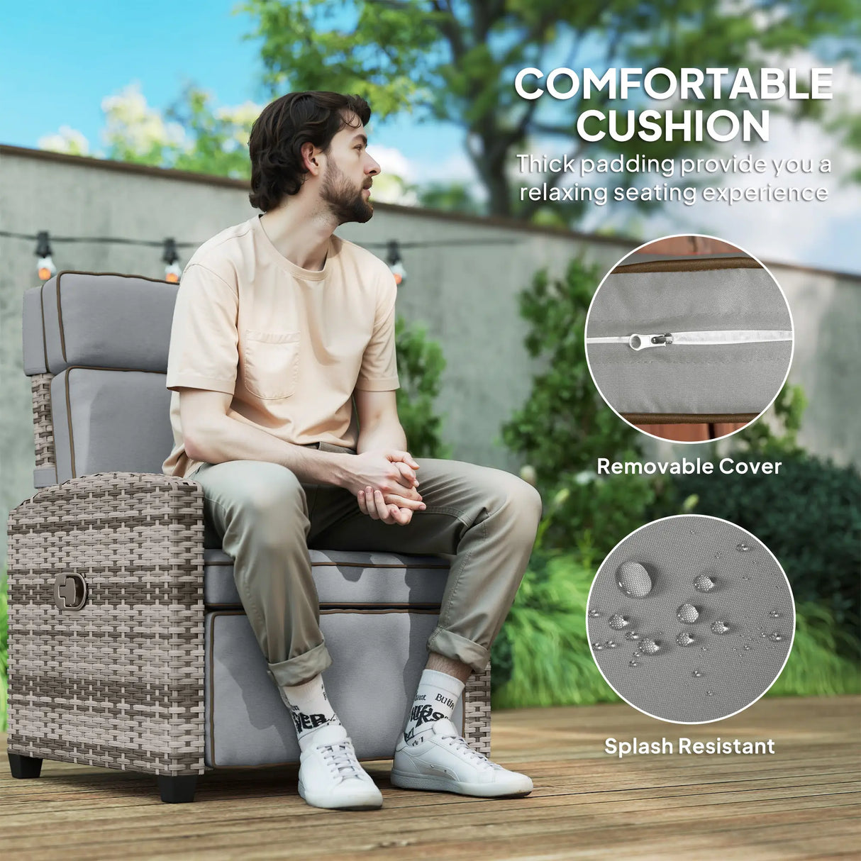 Outsunny 145 Reclining Rattan Armchair, with Footrest - Mixed Grey/Grey