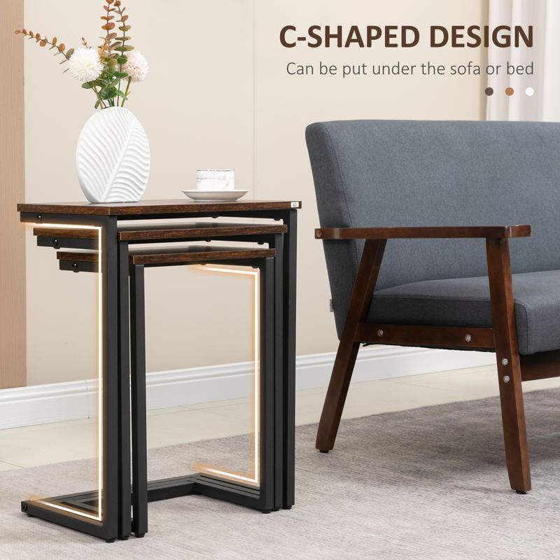 HOMCOM Nesting Side Tables Set of 3, C-Shaped Snack Side Tables with Steel Frame for Sofa Couch and Bed, Rustic Brown