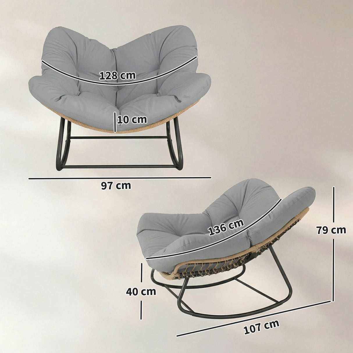 Outsunny Indoor Outdoor Rocking Chair, Oversized Rocking Egg Chair with Cushion for Living Room, Garden, Patio, Light Grey