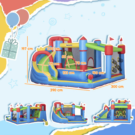Outsunny 6 in 1 Kids Bouncy Castle, with Water Slide, Water Gun, Climbing Wall, Air Blower for Indoors/Outdoors, 3.9 x 3 x 2m