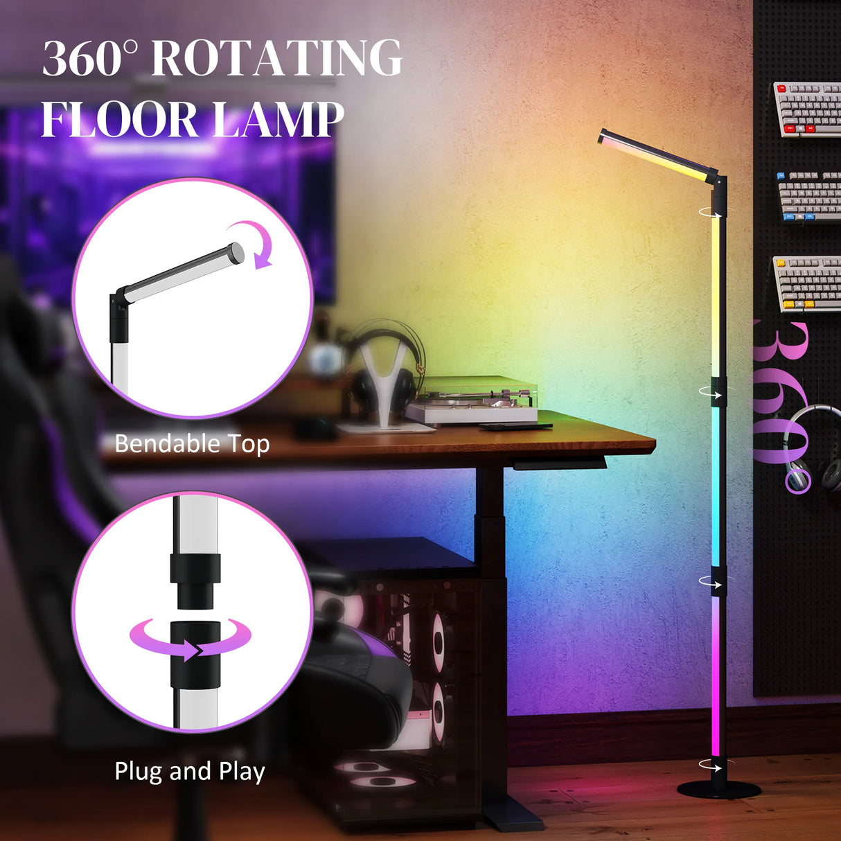 HOMCOM LED Floor Lamp, 360 RGB Detachable Corner Floor Lamp with App & Remote Control, Colour Changing Standing Lamp with Music Sync & Timing, for Living Room, Game Room, Dark Grey