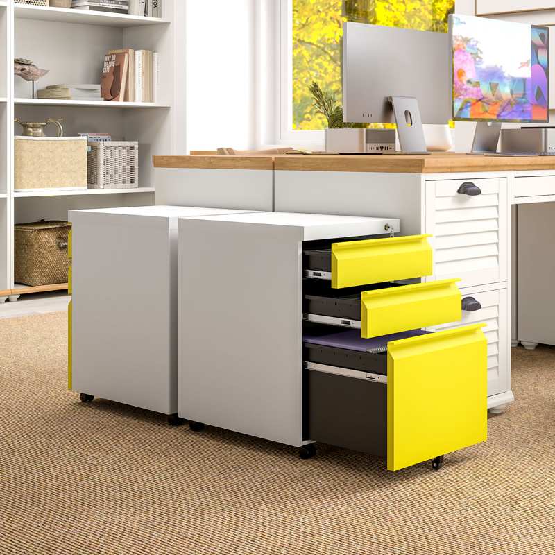 Vinsetto 3 Drawer Filling Cabinet, Mobile Metal File Cabinet with Anti-tilt Design for Letter, A4, Legal Size, Yellow