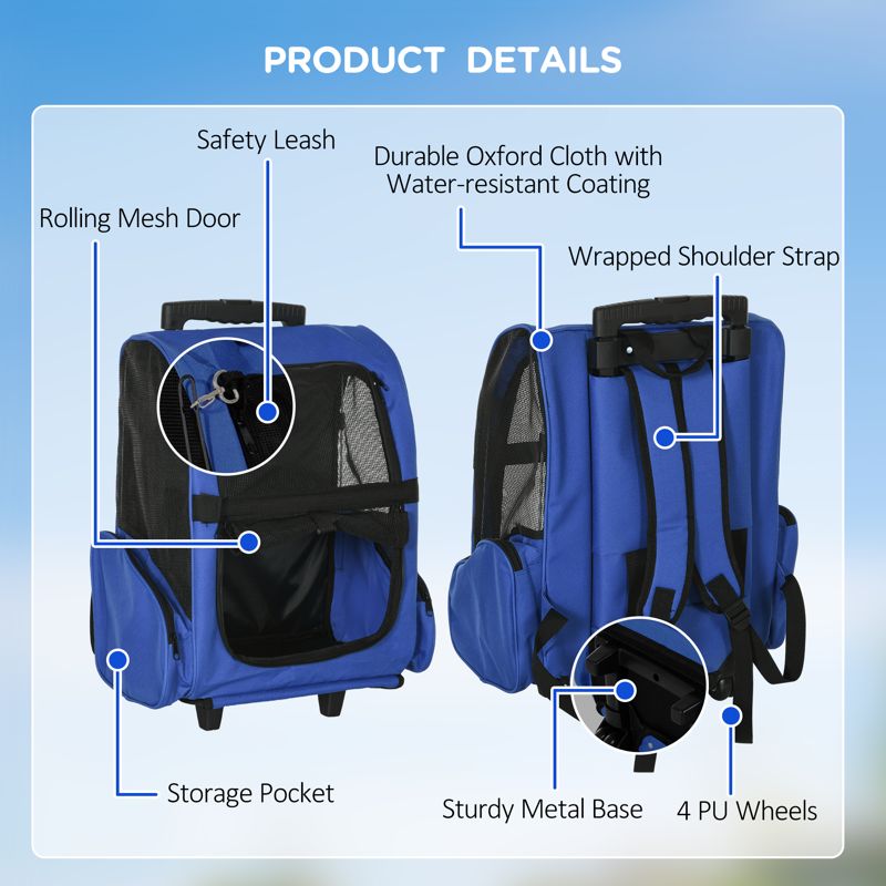 PawHut Pet Travel Backpack Bag Cat Puppy Dog Carrier w/ Trolley and Telescopic Handle Portable Stroller Wheel Luggage Bag (Blue)