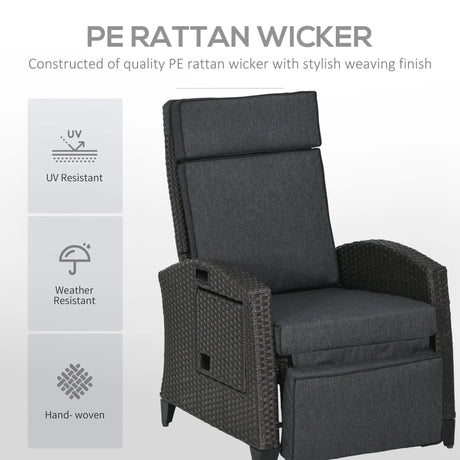 Outsunny Outdoor Recliner Chair with Adjustable Backrest and Footrest, Cushion, Side Tray, Dark Grey/Brown