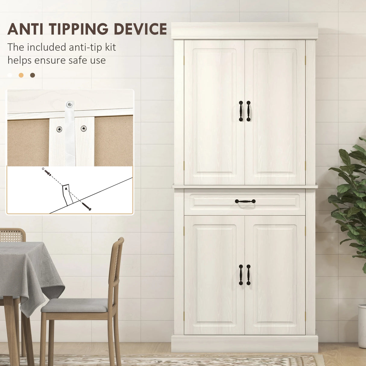 HOMCOM Kitchen Cupboard with 4 Doors, Freestanding Storage Cabinet with Wide Drawer and Shelves for Living Room, 180cm, White Wood Grain