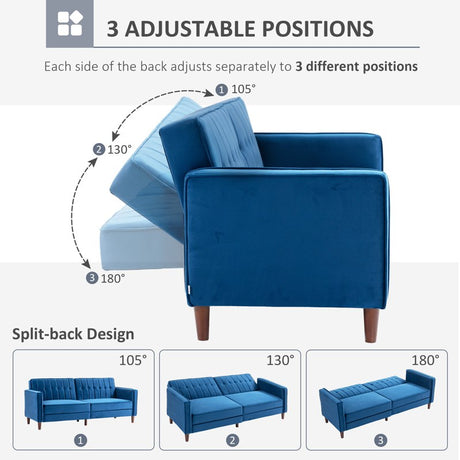 HOMCOM Velvet-Feel Three-Seater Sofa Bed - Blue