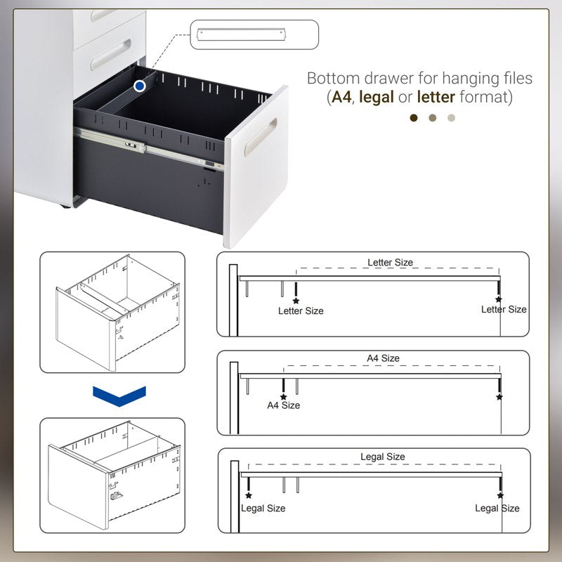 Vinsetto Lockable File Cabinet with 3 Drawers, Vertical Office Drawer for A4, Letter, Legal Size, Anti-tilt Design, Pre-Assembled Body, White