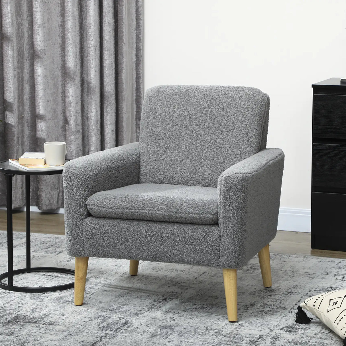 HOMCOM Armchair, Upholstered Accent Chair with Wood Legs and Wide Padded Seat, Teddy Occasional Chair, Grey