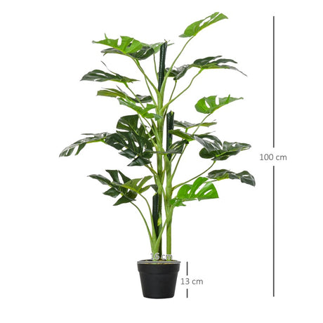 Outsunny 100cm/3.3FT Artificial Monstera Tree Decorative Cheese Plant 21 Leaves with Nursery Pot, Fake Tropical Palm Tree for Indoor Outdoor Décor, Set of 2