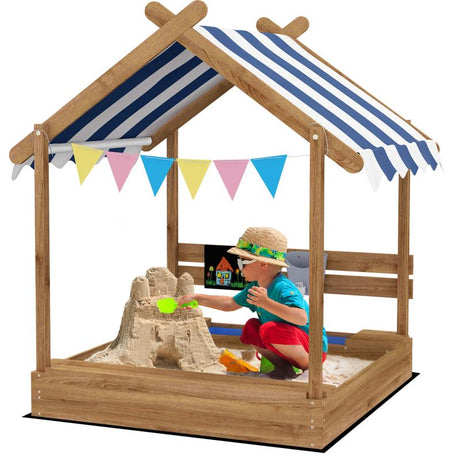 Outsunny House-Designed Wooden Sandbox, Outdoor Sandpit, with Blackboard, Toys, Sink, Seats, Flags, for Ages 3-7 Years - Brown