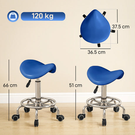 HOMCOM Salon Saddle Stool, Rolling Saddle Chair for Massage, Spa, Clinic, Beauty, Hairdressing and Tattoo, Blue