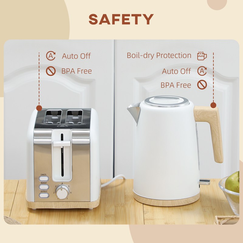 HOMCOM Kettle and Toaster Set, 1.7L 3000W Fast Boil Kettle & 2 Slice Toaster Kitchen Set with 7 Level Browning Controls, Defrost, Reheat, Auto Off, Boil-dry Protection, White