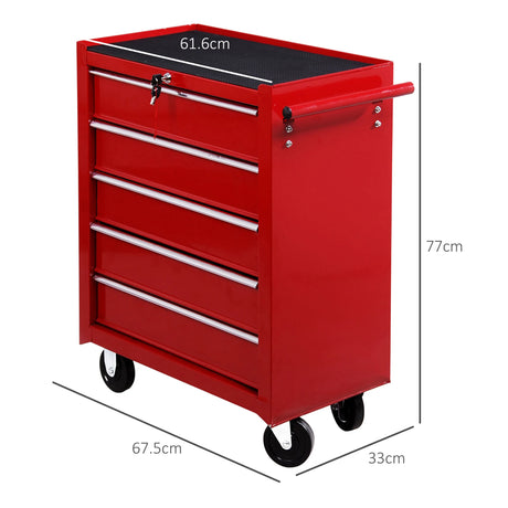 HOMCOM 5 Drawer Tool Box on Wheels, Lockable Steel Tool Cabinet with Side Handle, Red